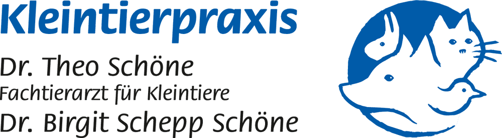 Logo einer Tierarztpraxis "Kleintierpraxis": Hase, Katze, Schwein und Vogel in Blau. Dr.