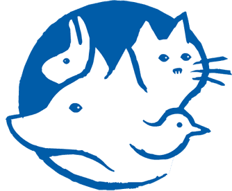 Logo einer Tierarztpraxis (Tierarzt). Blau-weißer Kreis mit Katze, Hund, Vogel und Kaninchen.