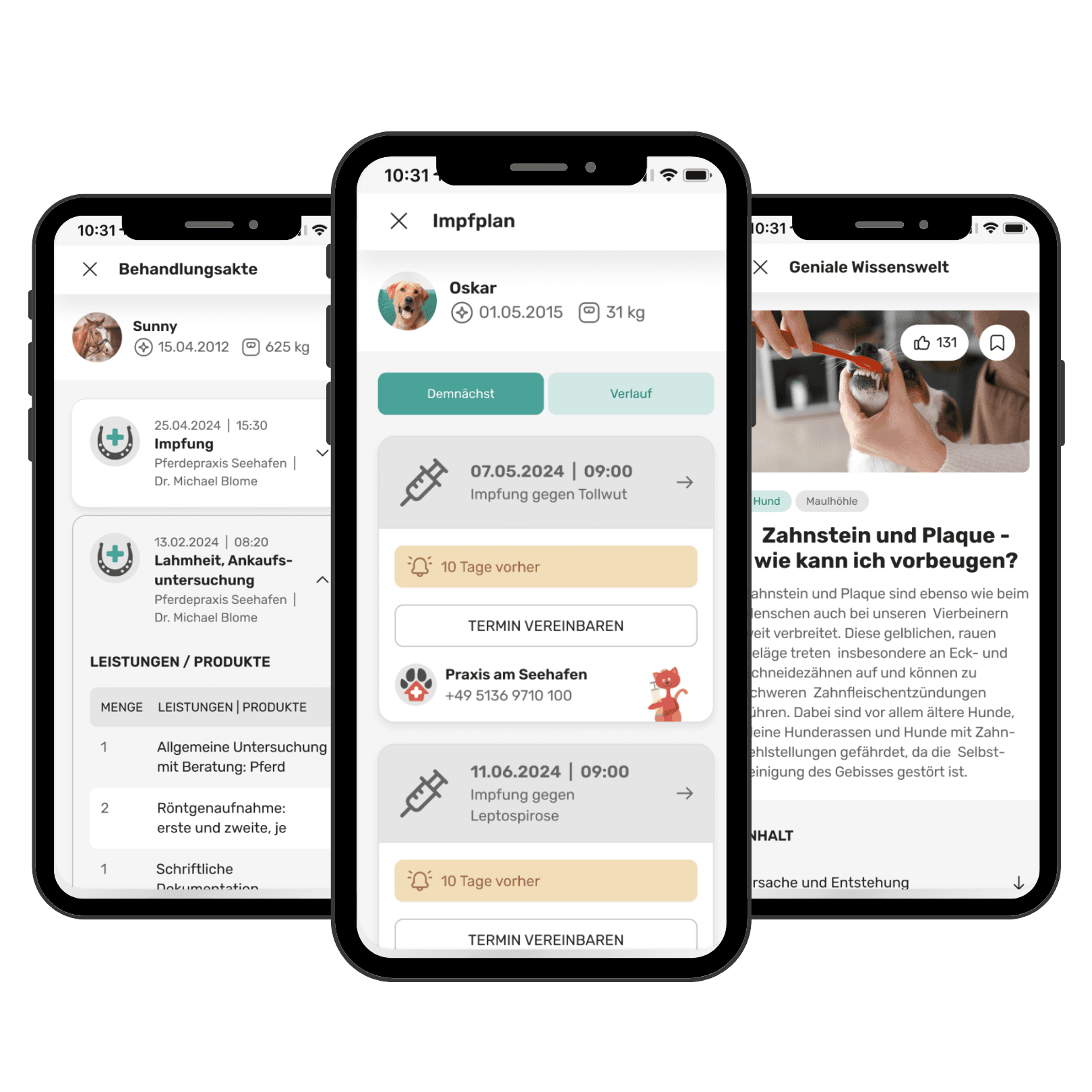 Drei Smartphones zeigen Tierarzt-App-Screenshots: Terminvereinbarung, Behandlungsakte, Tierarztpraxis-Blog.